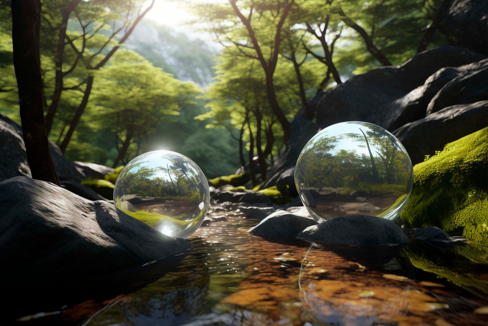 view 3d modern sphere with nature landscape